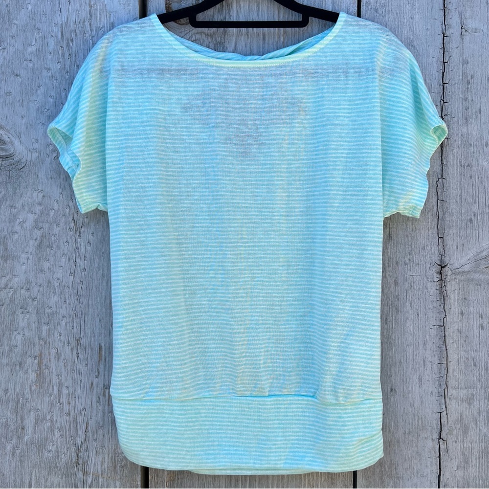 ALYX pastel teal sea foam green semi sheer short sleeve striped banded hem top